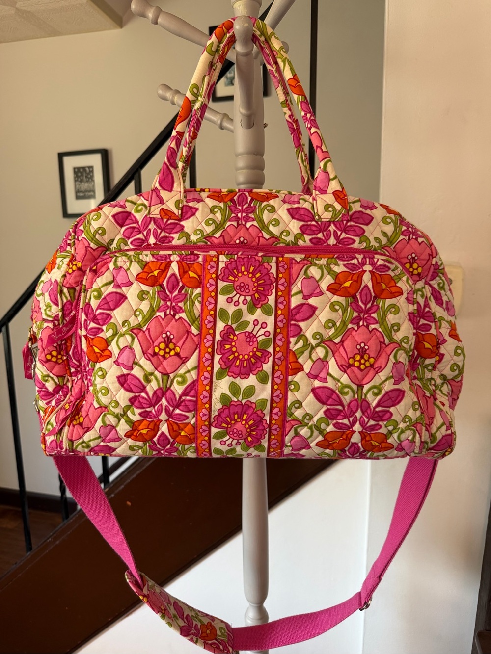 Vera Bradley Pink Floral Quilted Travel Bag with Orange & Green Accents